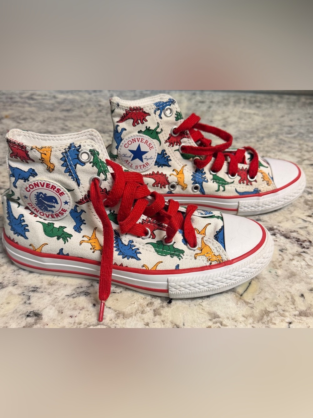 Converse Kids' High-Top Dinosaur Sneakers in White with Red Laces